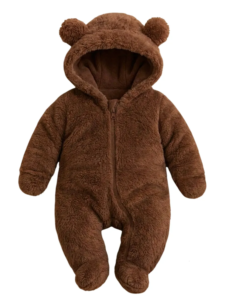 Cute Unisex Cozy Teddy Bear Baby Fleece Romper Soft Hooded Onesie with Ears