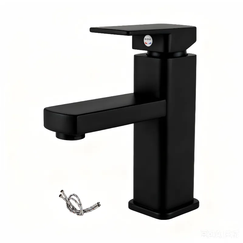 Stainless Steel Square Basin Faucet Cold Hot Single Hole with 2 Hoses