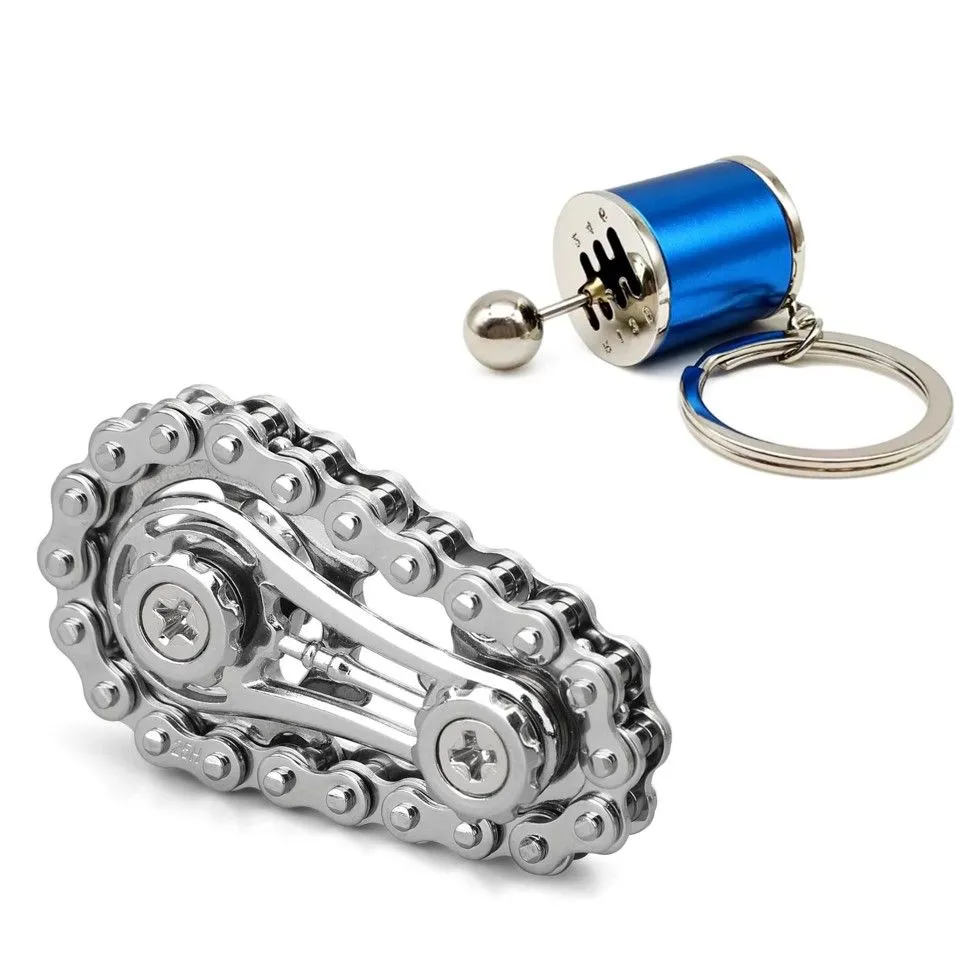 Metal Fidget Spinner & Gearbox Keychain for Stress Relief & Decor - Silver, Blue