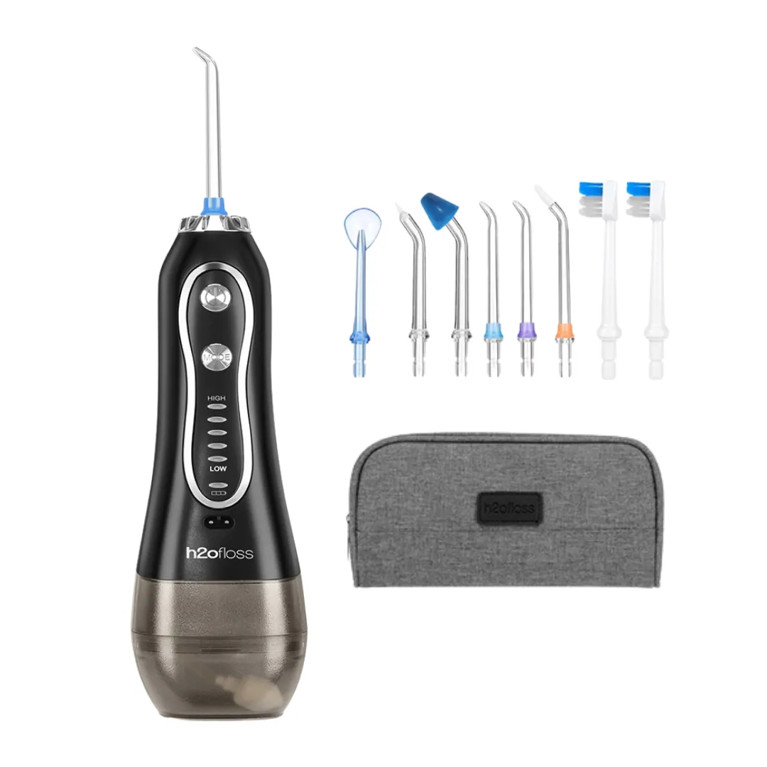 H2ofloss Dental Spa Water Flosser - Cordless, 8 Tips, Travel Bag - Black - Black
