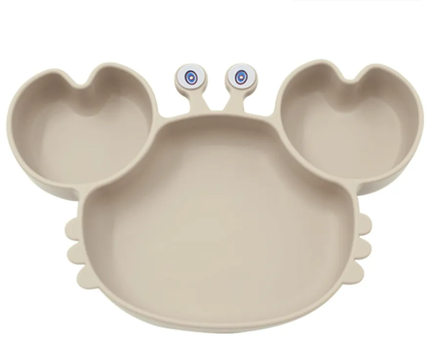 Crab Shaped Divided Silicone Plate Strong Suction Base Toddler Dinner Dish - Beige