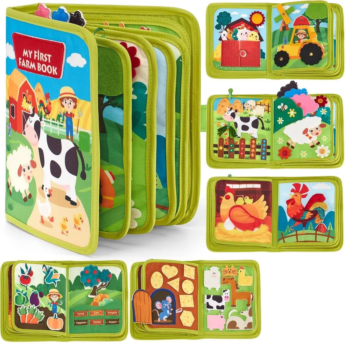Farm Animal Sensory Busy Board Book, Educational Toy for Toddlers 1-3 Years