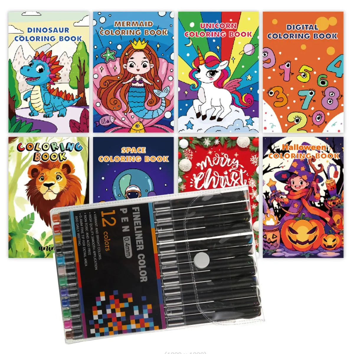 8 Coloring Books With Different Cute Themes & 12 Pcs Stroke Hook Line Pen