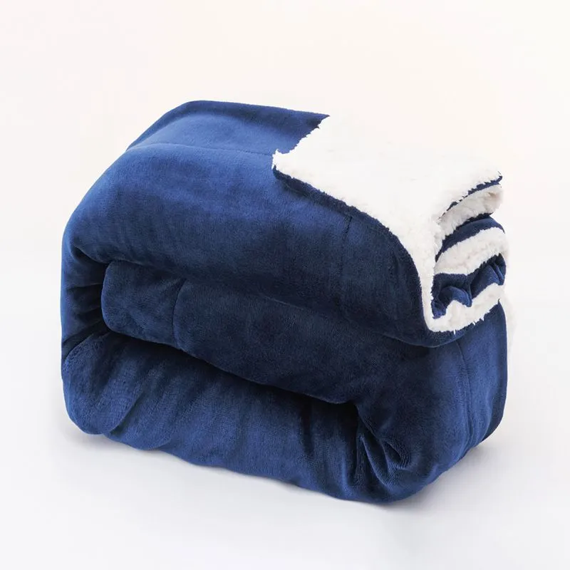 Sherpa Lamb Wool Blanket Thickened Double Layer Flannel Blanket - Navy Blue