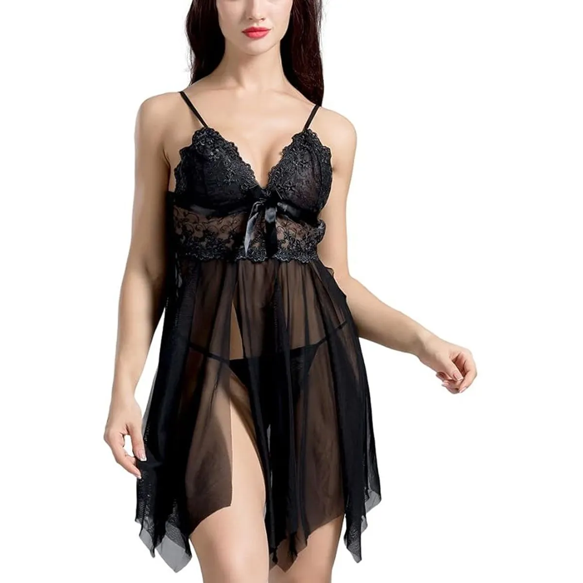 Sexy Lingerie Women's Underwear Sleepwear Lace Dress G-String Nightwear - Black