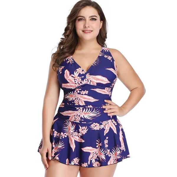 Iconix Plus Size Blue & Peach Leaf-tone Boyleg Swimwear
