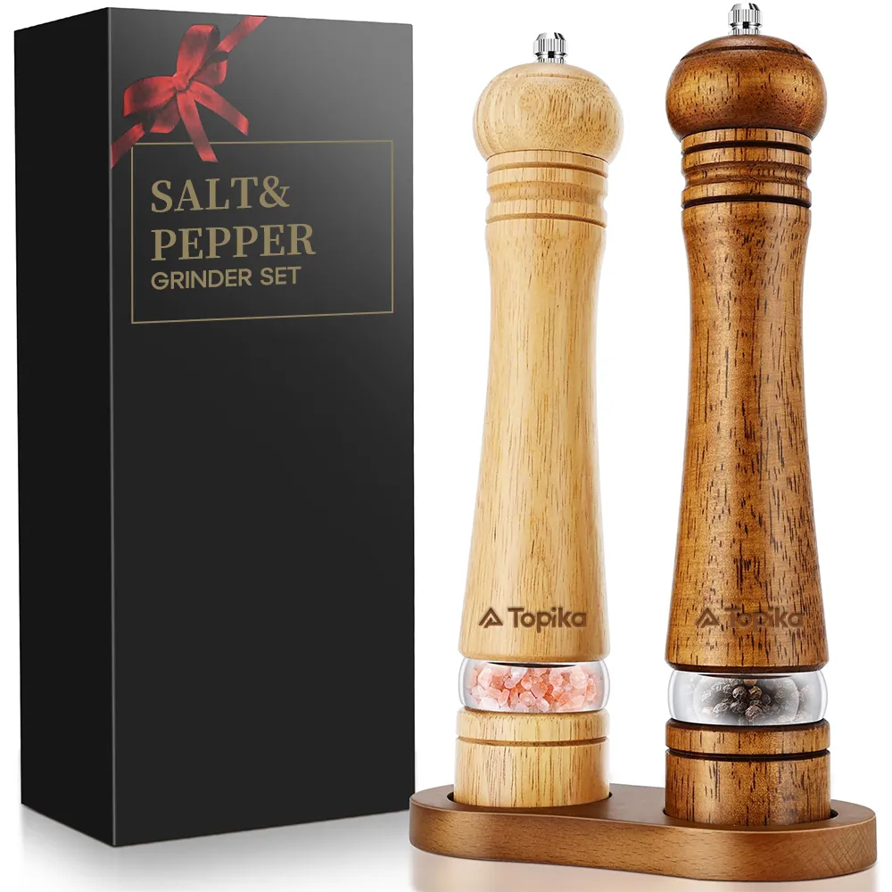 Topika Wooden Salt and Pepper Grinder Set with Tray, 8/10 Inch, 2 per set - Wooden: 8inch-20.3cm