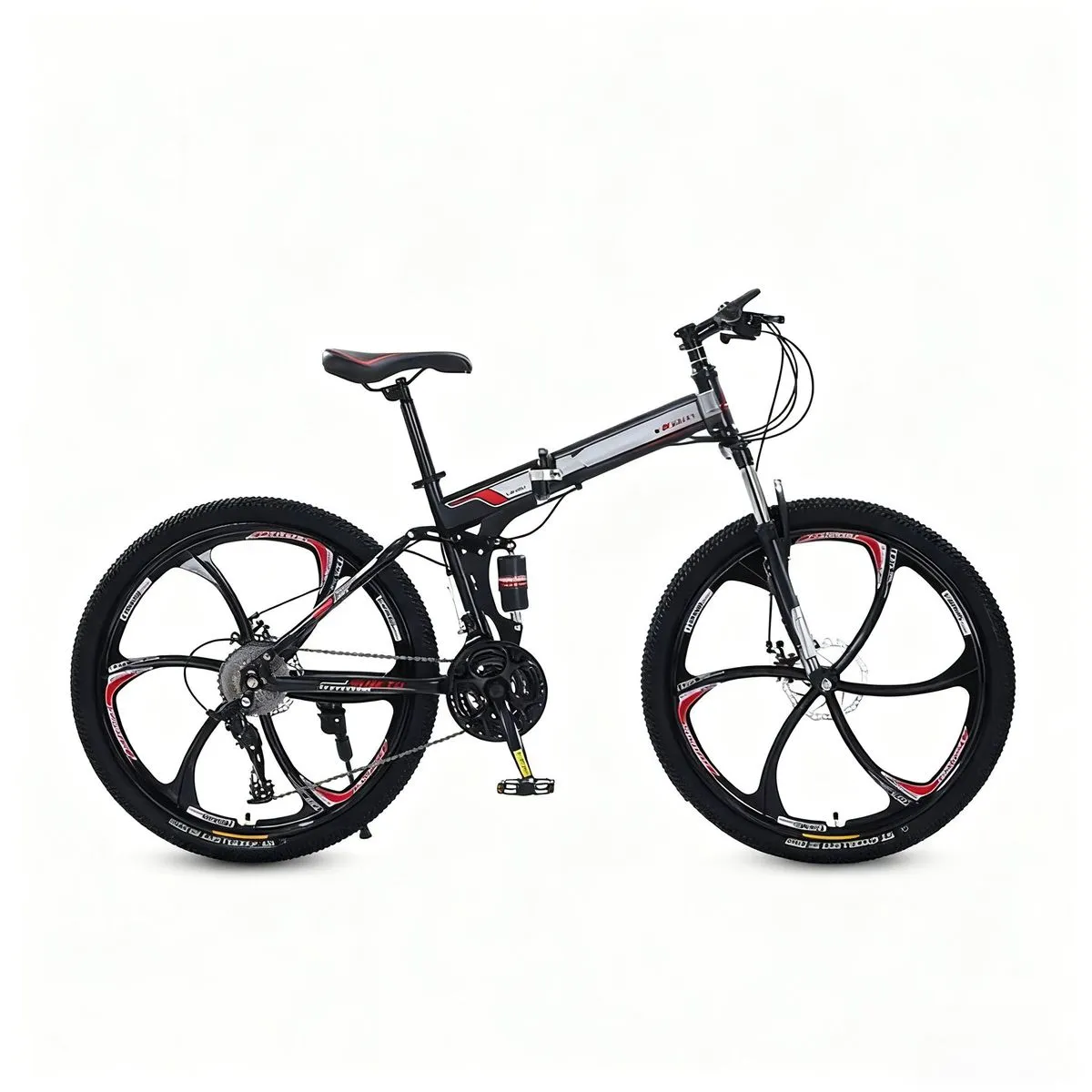 Folding Mountain Bike 21 Speed Six-Blade Wheel Black And Red- 24 Inch