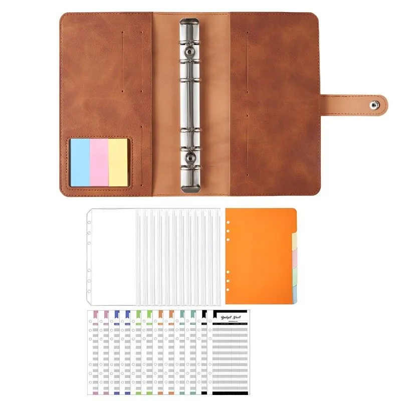 A6 Budget Binder PU Leather Folder Ring Binder Notebook Folder with 6 Holes - Amber Brown
