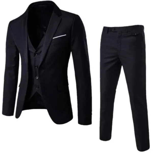 Men's 3 Piece, Notched Lapel, Jacket Vest & Trousers Set - Black