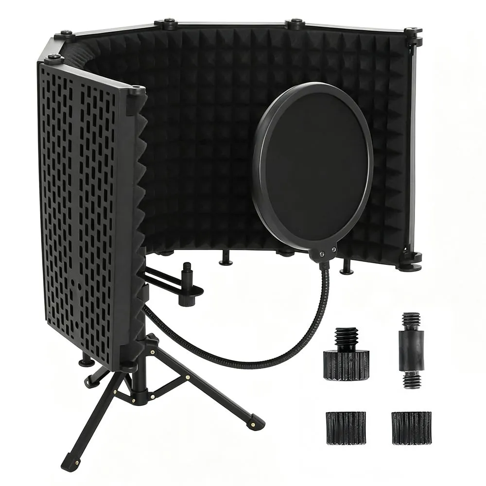 5-Panel Studio Recording Mic Isolation Shield with Pop Filter Tripod Stand