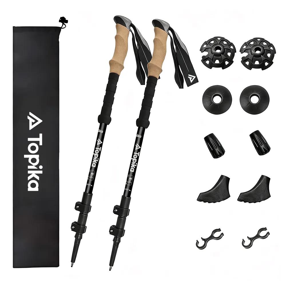 Topika 2pcs Trekking Poles Real Cork Grip External Locking Telescopic Poles