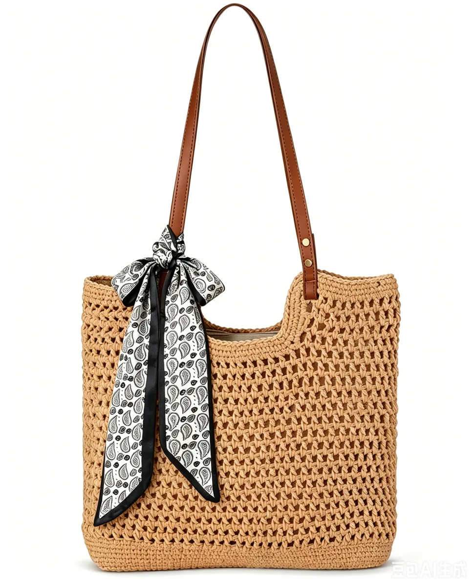 Crochet Beach Tote Bag, Boho Woven Bag with Lining & Zipper Closure - Brown
