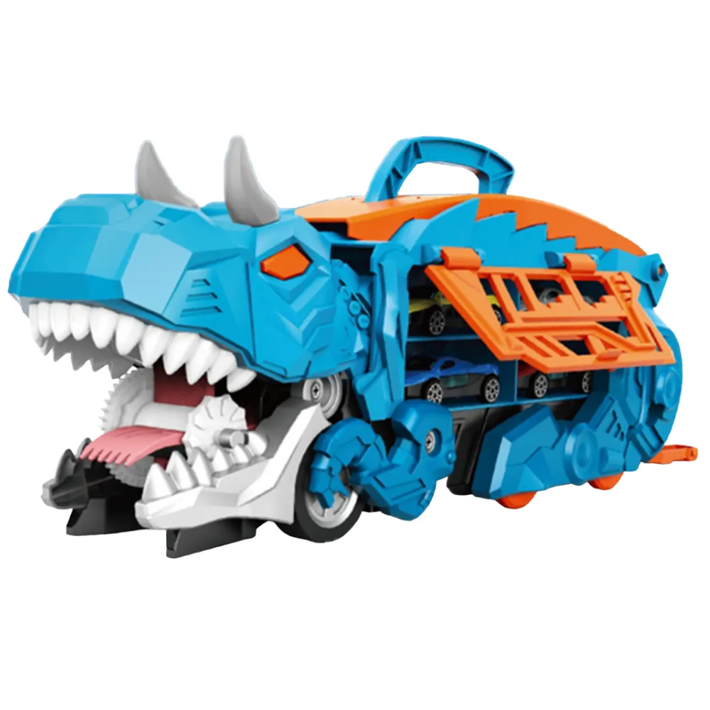 Mega Dinosaur Carrier Truck with 6 Slot Cars - Action Wheels Toys for Boys - Blue