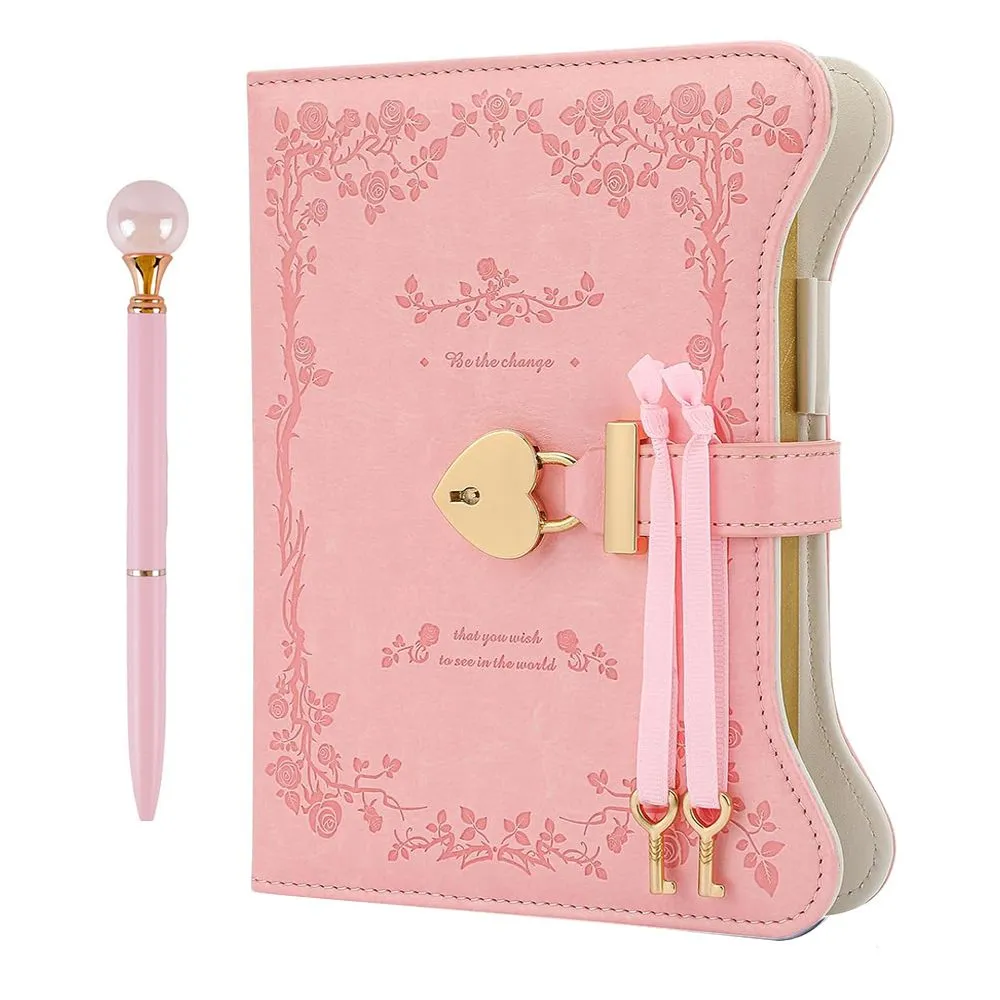 Diary with Lock and Pen for Girls & Women, 360 Pages Gold Edge Notebook - Pink
