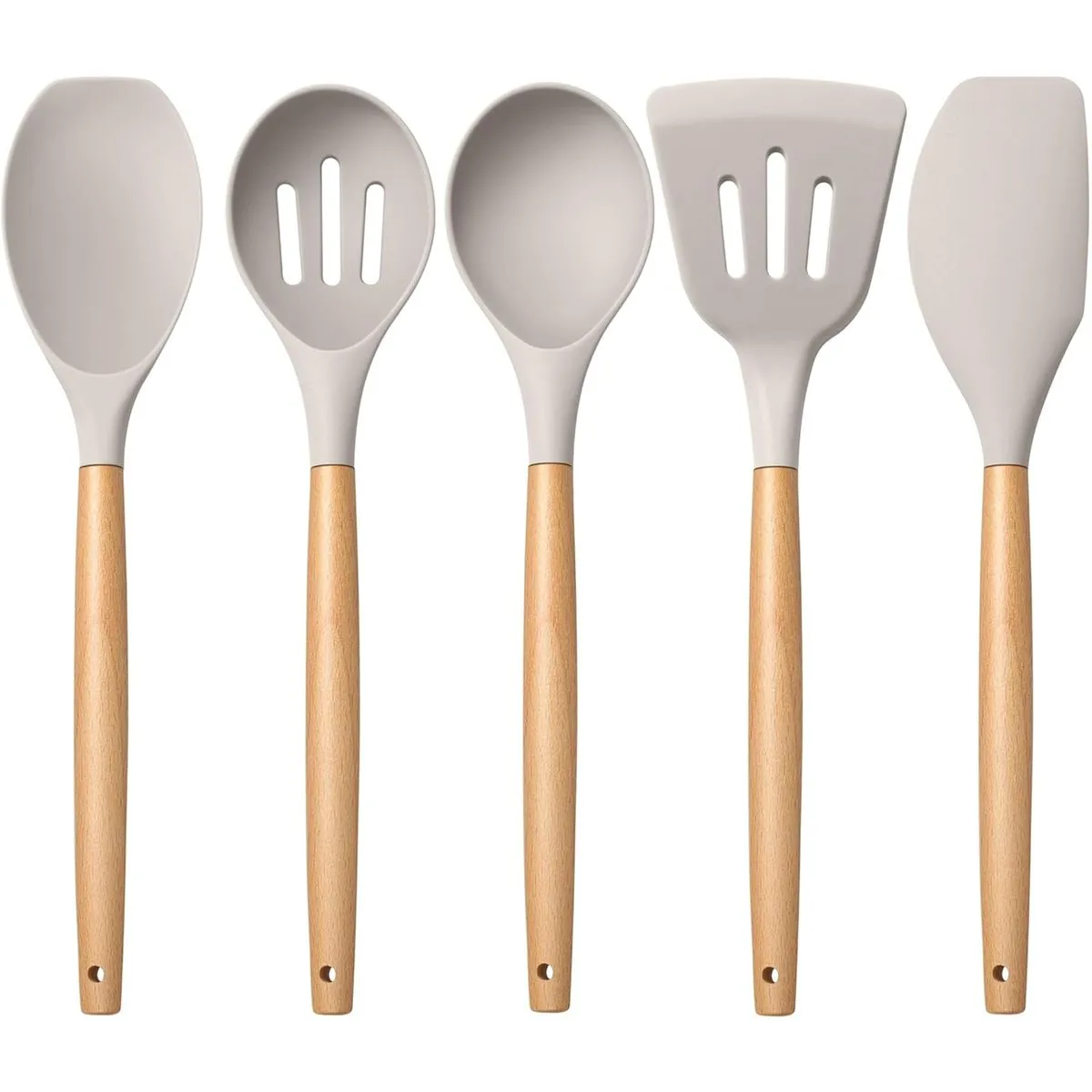 5-Piece Silicone Kitchen Utensils with Wooden Handle - Khaki
