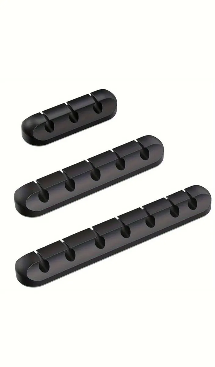 3 Pack Self-Adhesive Silicone Desktop Cable Organizer (7-5-3 Slot Design)) - Black