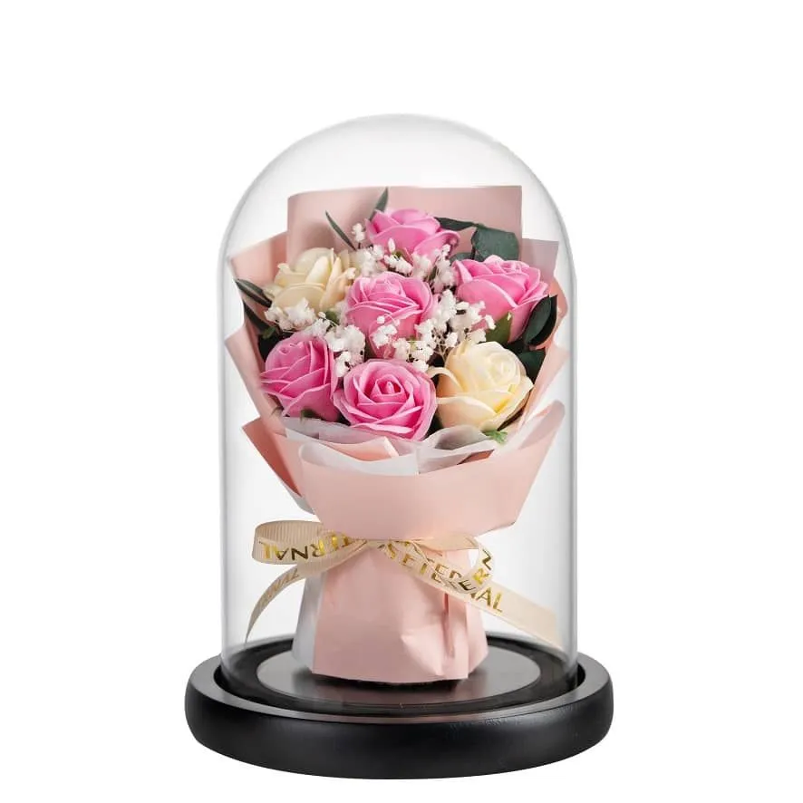 Colourful Artificial Flower in Glass dome Gift for her Crystal Dome - Pink and White
