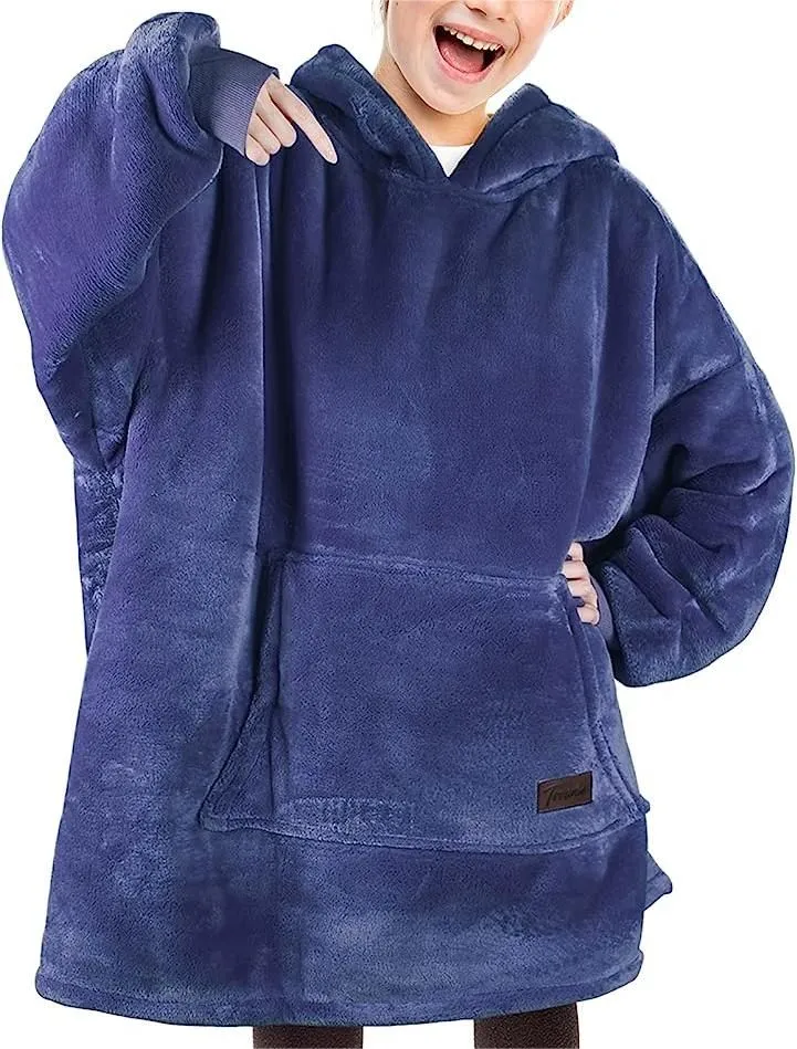 Kidies Huggle Buddie Polyester Fleece Plain Oversized Hoodie - Blue