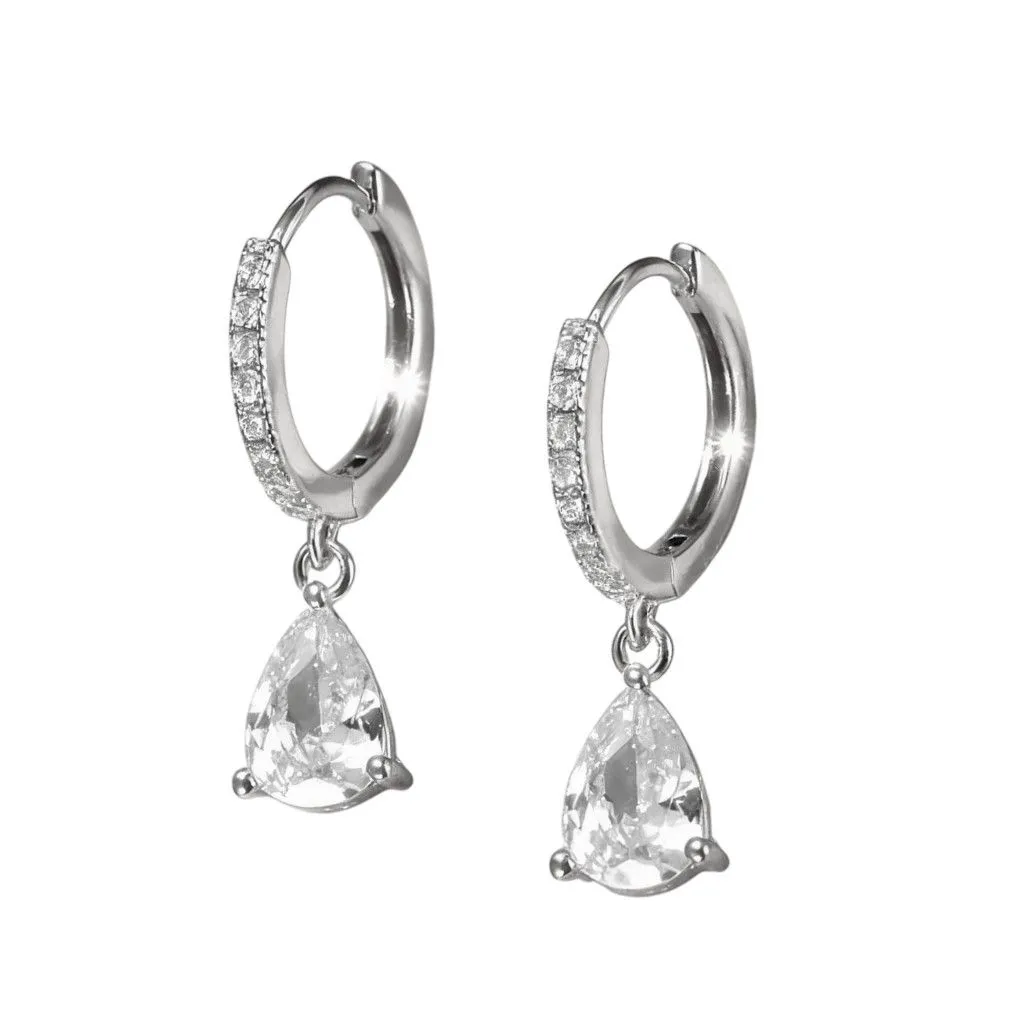 Elegant Teardrop Crystal Hoop Earrings - Silver