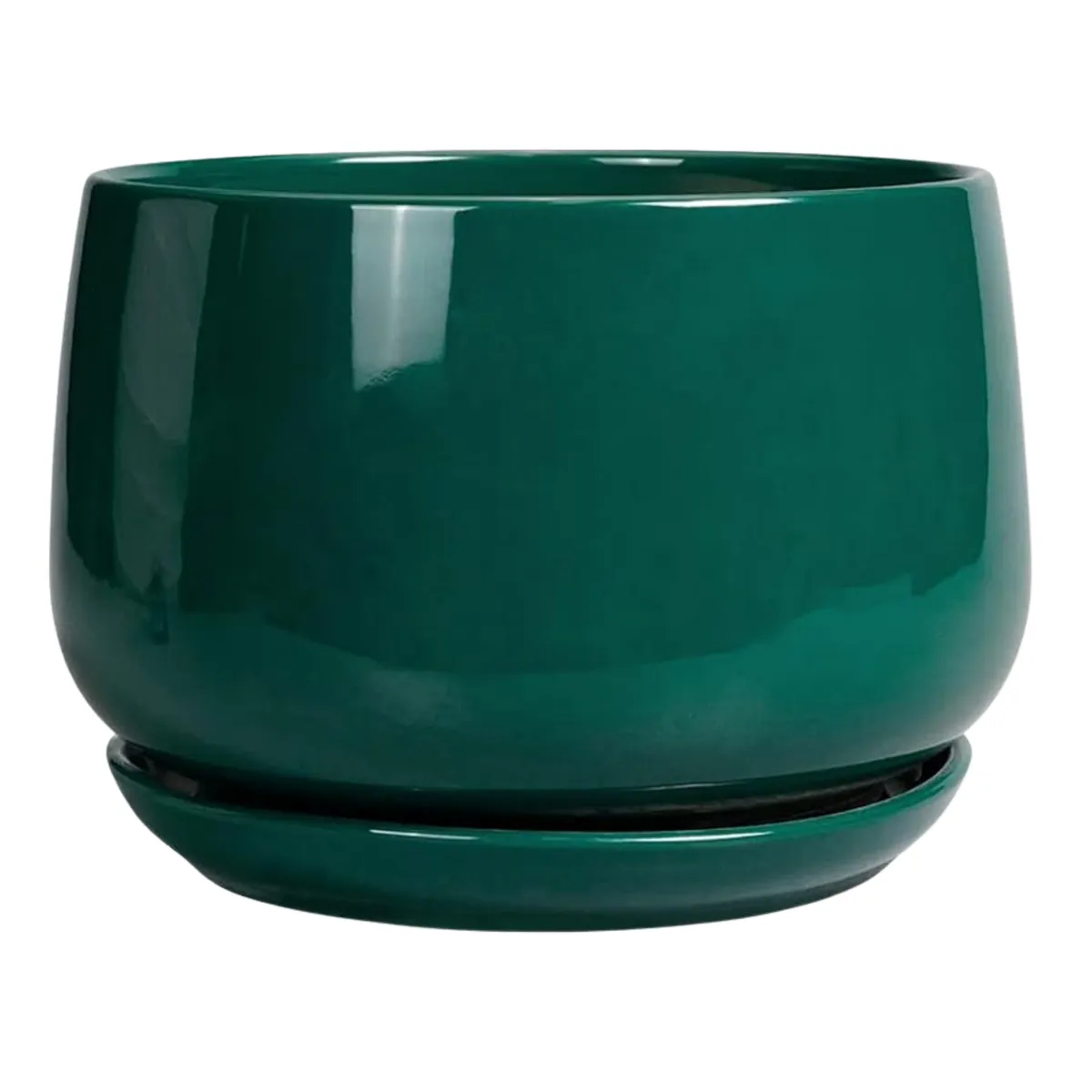 17cm Ceramic Pot for Plants with Drainage & Saucer - Green