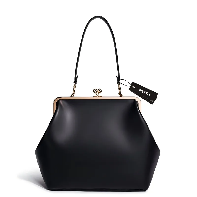 IPSTYLE Large Kisslock Clutch Bag for Women Clip Shell Women Shoulder Bags - Black