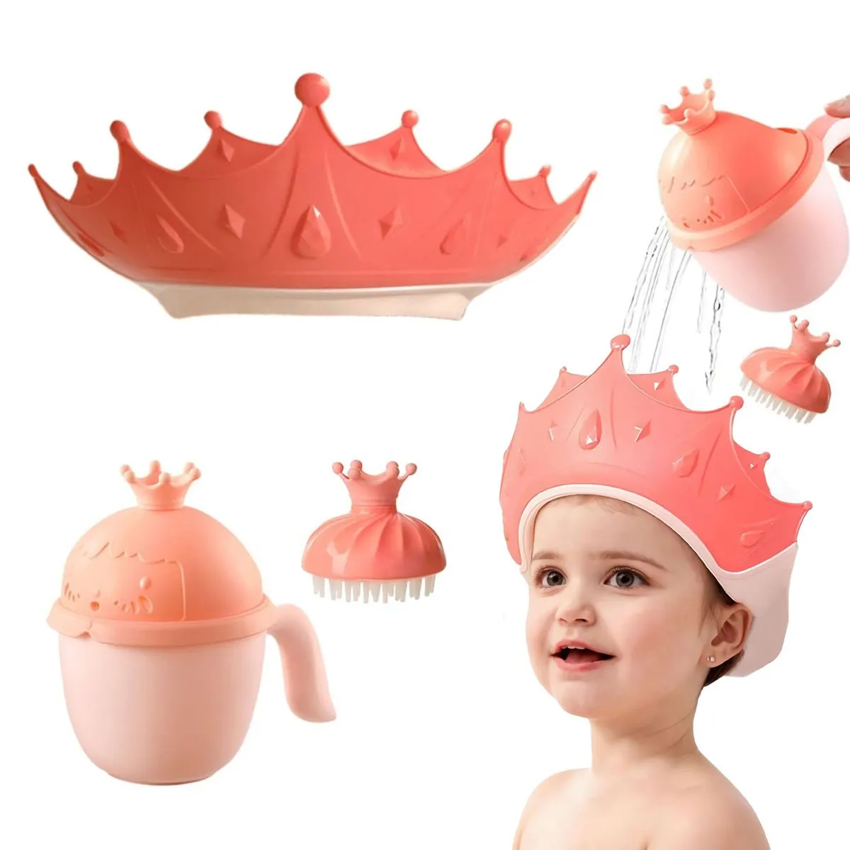 3 Piece Crown Baby Bath Set- Bath Pouring Cup, Shower Cap, Brushes - Pink