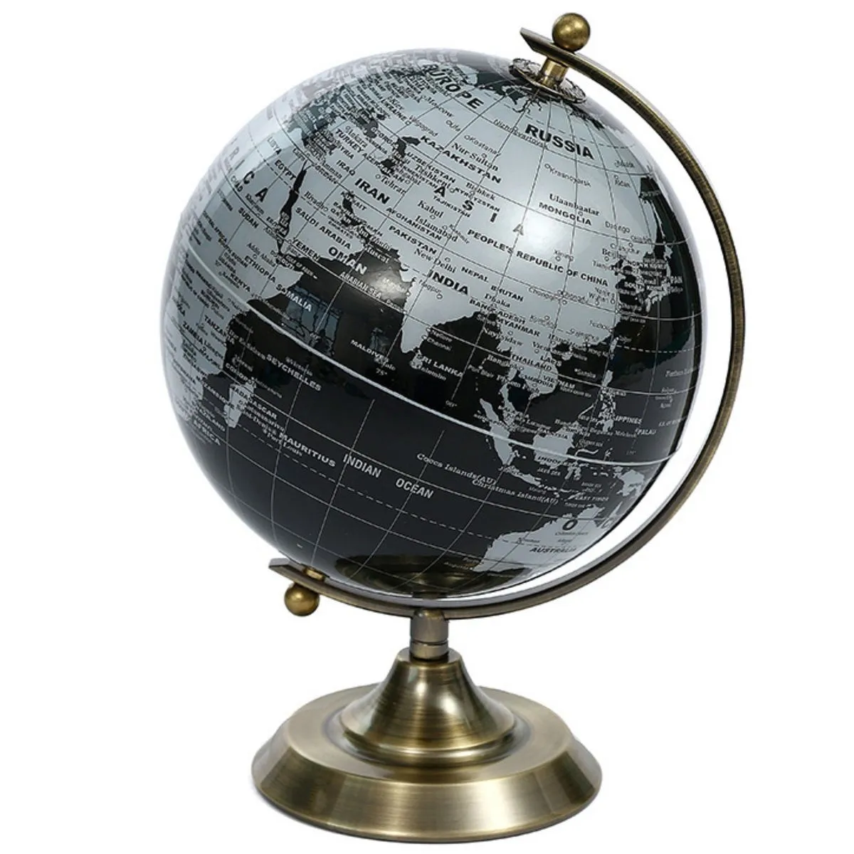 World Globe with Brushed Bronze Stand 30cm - Black