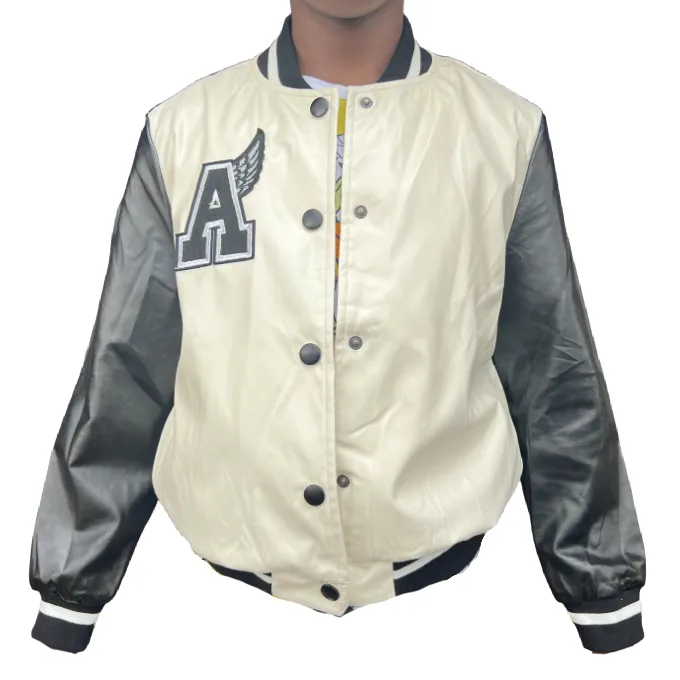 Unisex PU Varsity Jacket-Off White  Black Sleeves