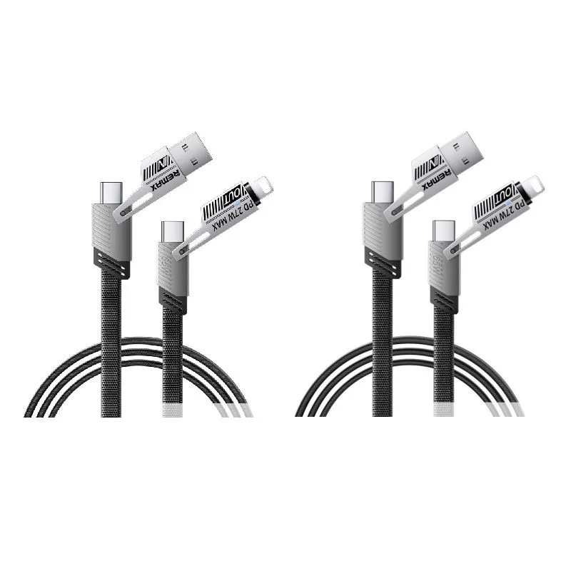 Remax 65W 4-in-1 USB-A/C to C + Lightning Charging Cables - 2 Pack, 1m Blk