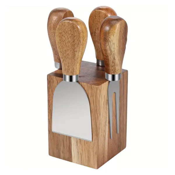4-Piece Stainless Steel Cheese Charcuterie Knife Set with Acacia Wood Stand