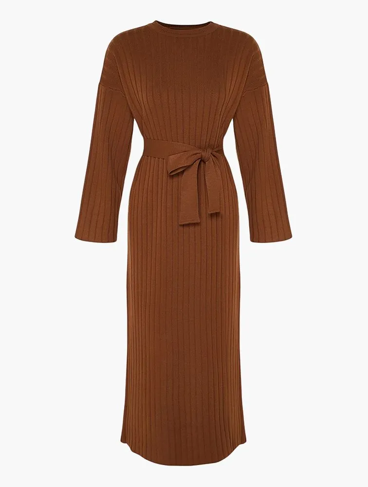 TRENDYOL Ribbed Belted Knit Dress