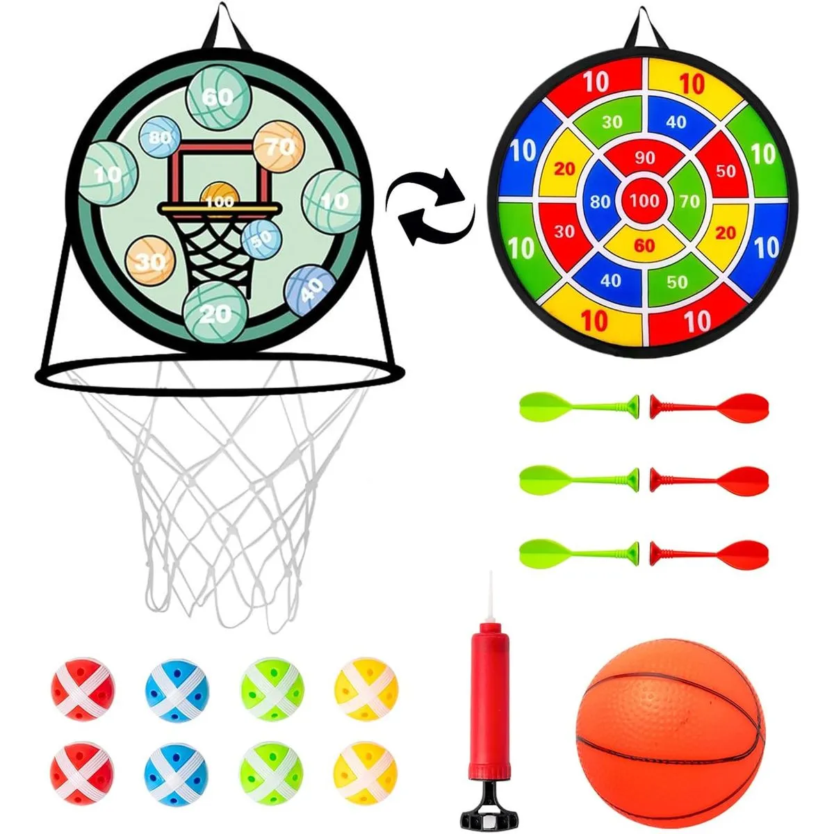 2 in 1 Children's Foldable Sticky Ball Dartboard & Basketball Hoop - Green