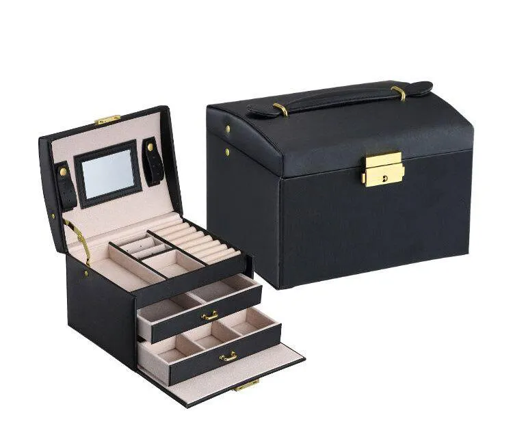 Jewellery Box Large Multi-Functional Three-Layer Lockable - Black