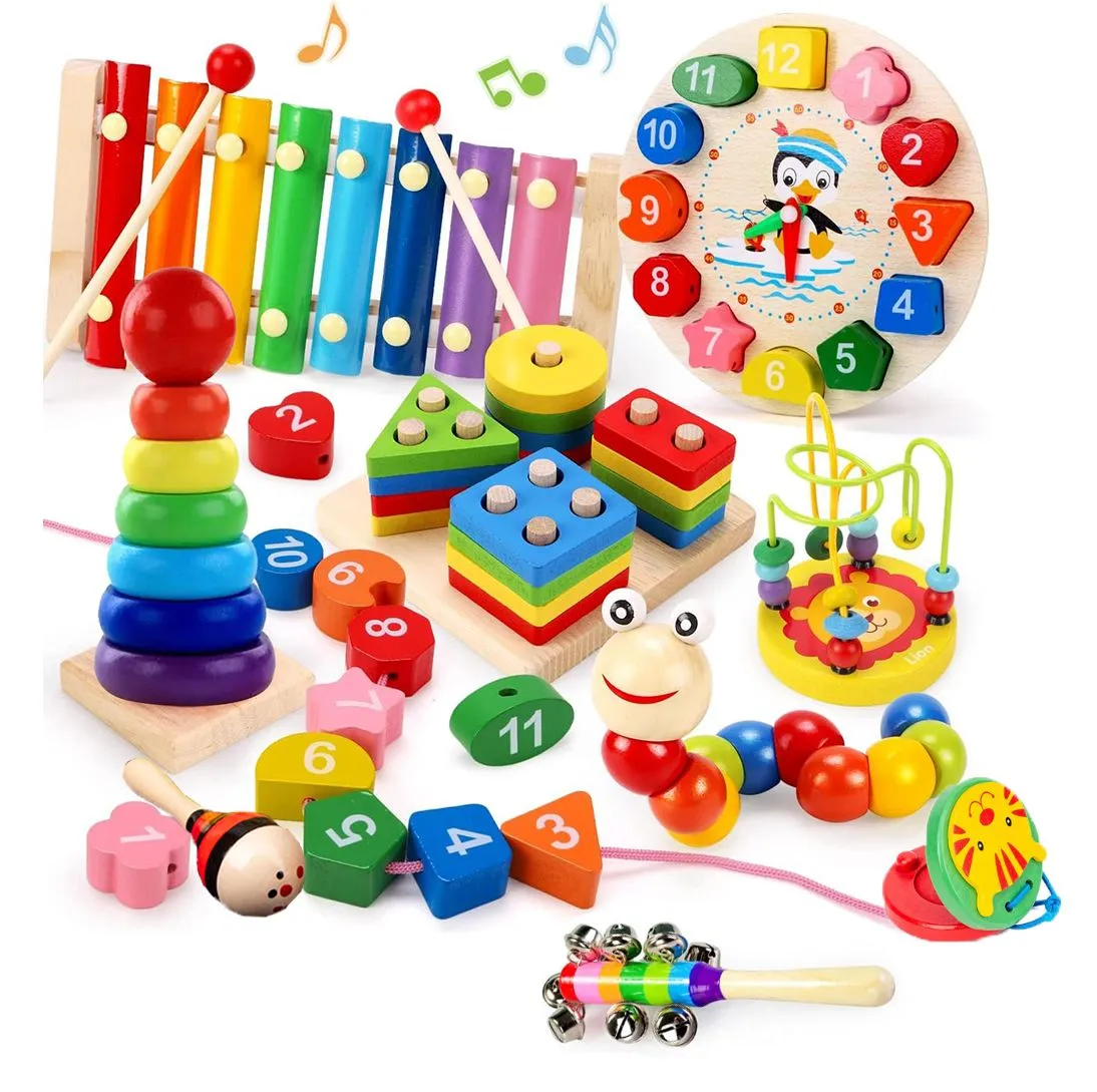 9 Piece Wooden Educational Music Color Toys Shape Stacking Sorting Set Gift