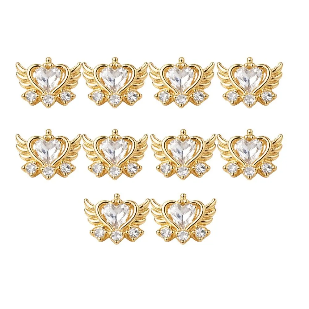 10 Pack - Crystal Crown Angel Wing 3D Nail Art Charm - Gold
