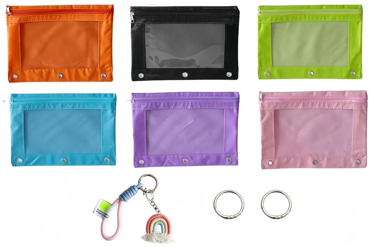 6 Pack A5 Binder Zipper Pouches in Assorted Colors with Ring Holes