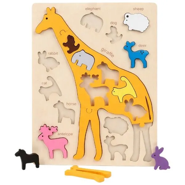 Wooden Giraffe Animal Matching Puzzle Board - Multi - Colour