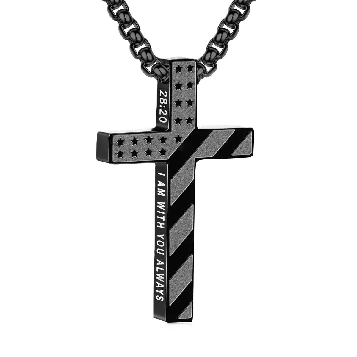 Necklace for Men Stainless Steel Flag Pendant Bible Verse Cross Necklaces - Black