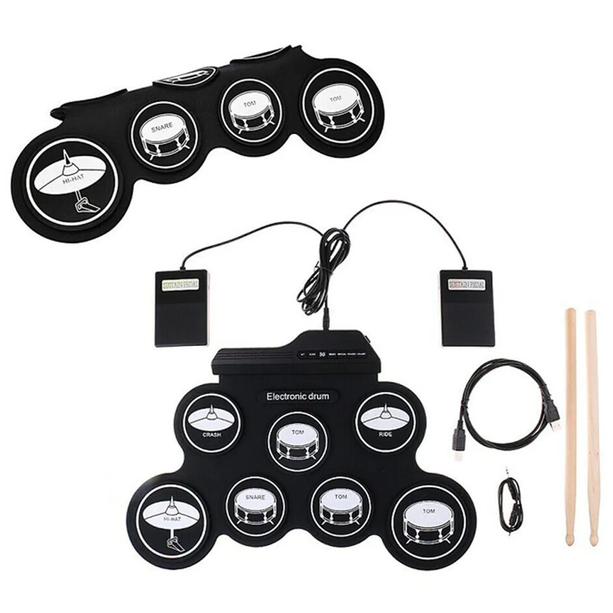 7-Pad Roll Up Electronic Drum Kit - Portable Hand Roll Drum Set Dual Pedal