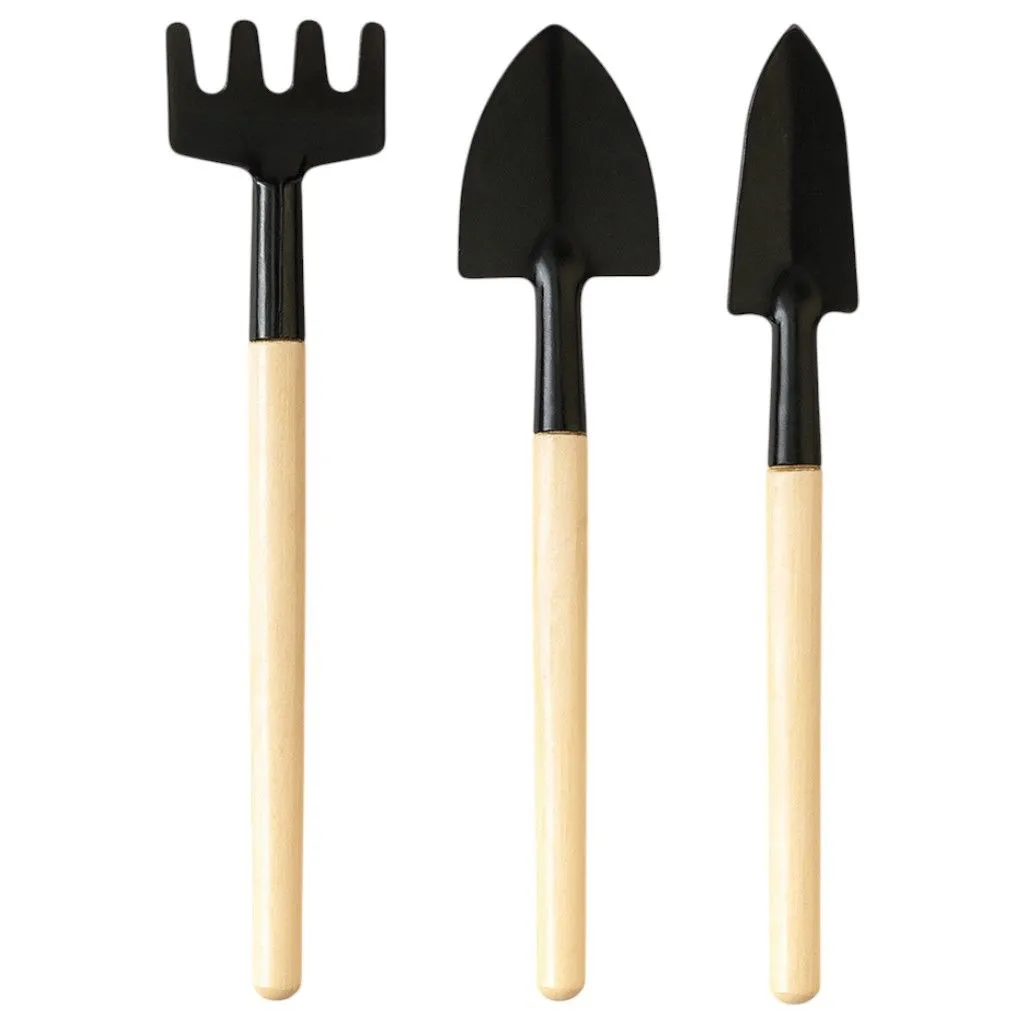 3 Piece - Mini Garden Tool Set with Wooden Handles - Black