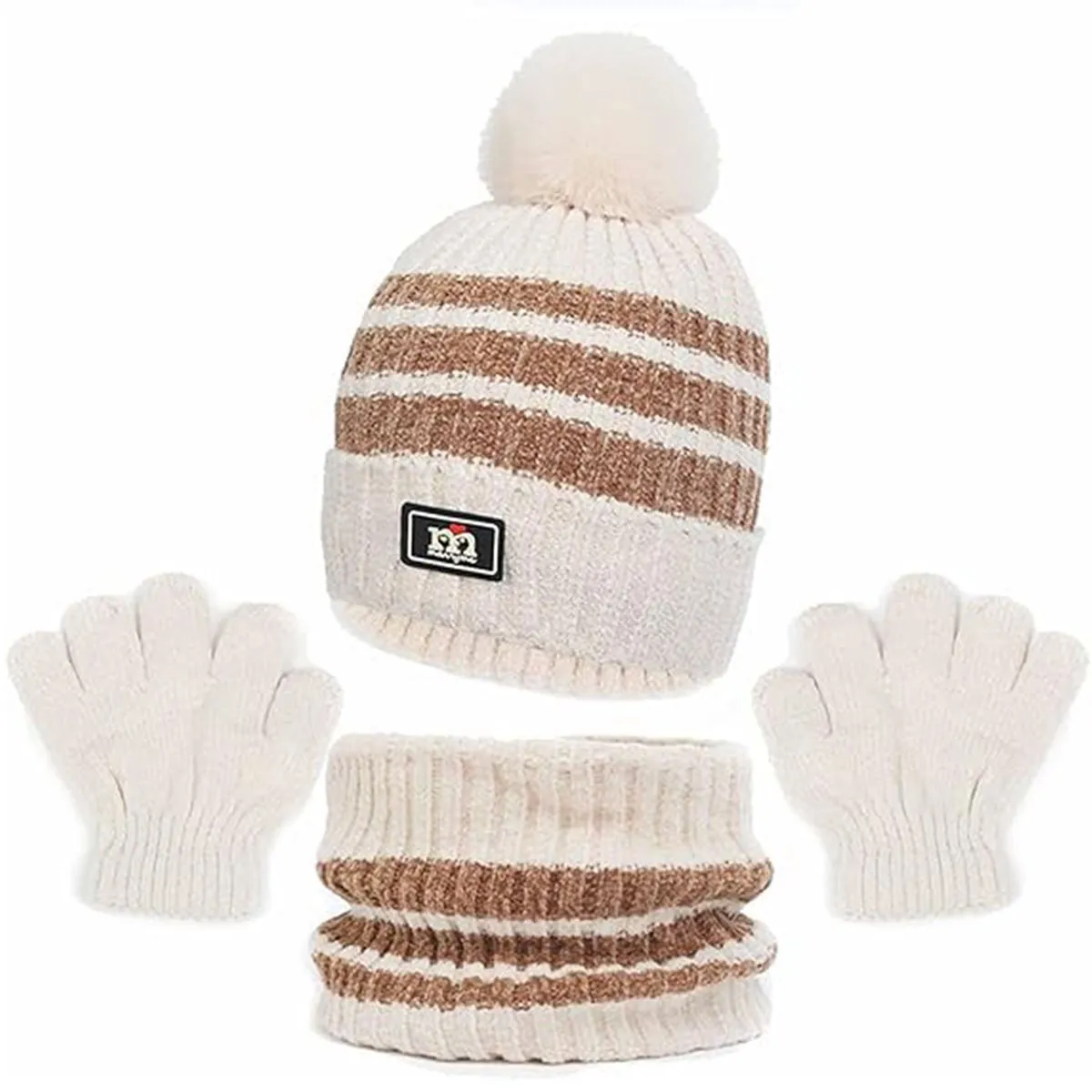 Kids Winter Hat Gloves Scarf Set Girls and Boys Beanie Neck Warmer Mittens - Beige