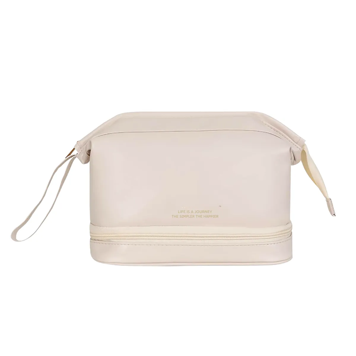 Large Capacity Double Layer Faux Leather Cosmetic Bag - Cream