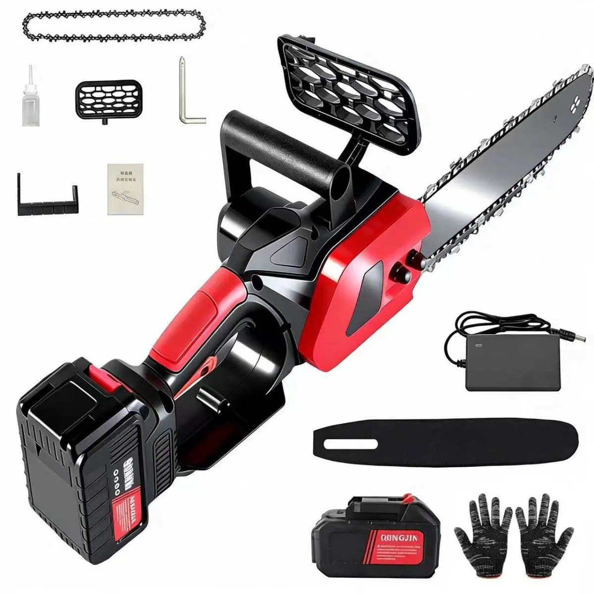 Brushless Cordless Chainsaw,12"Rechargeable Lithium,1200W,Glove, Oil can
