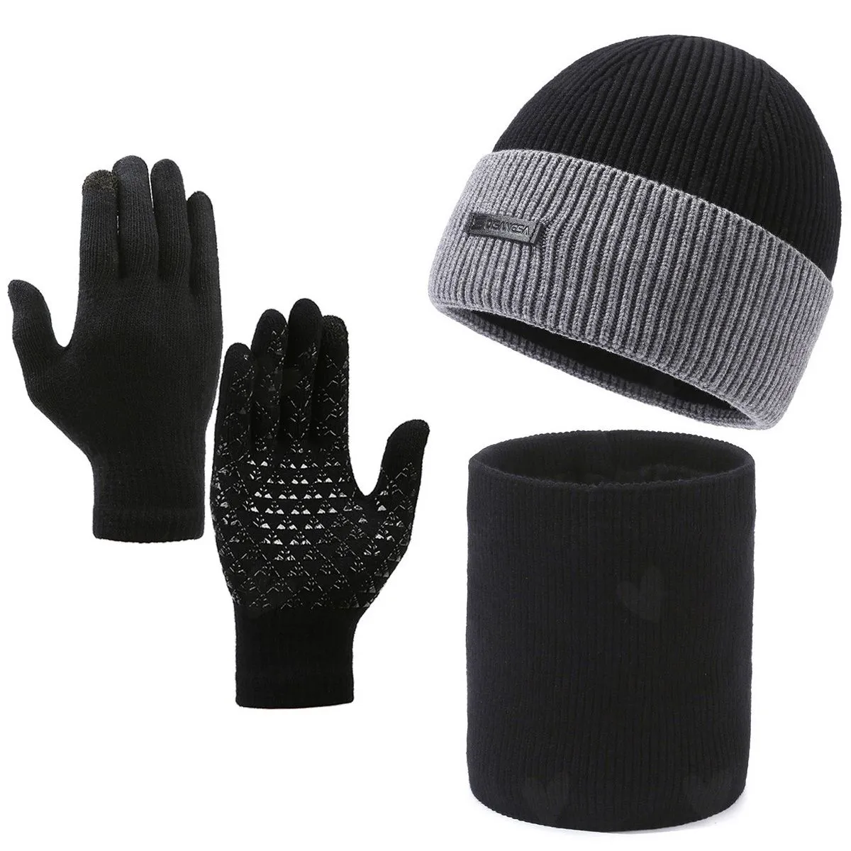 Knit Beanie Hat Scarf Touch Screen Gloves Warm Winter - 3 Pack Set