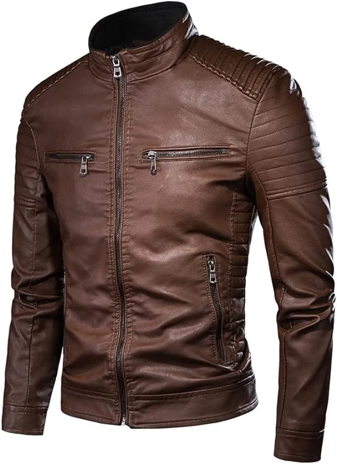 Imitation Leather Jackets For Men -Spring Fall Biker's Jacket - Dark Brown