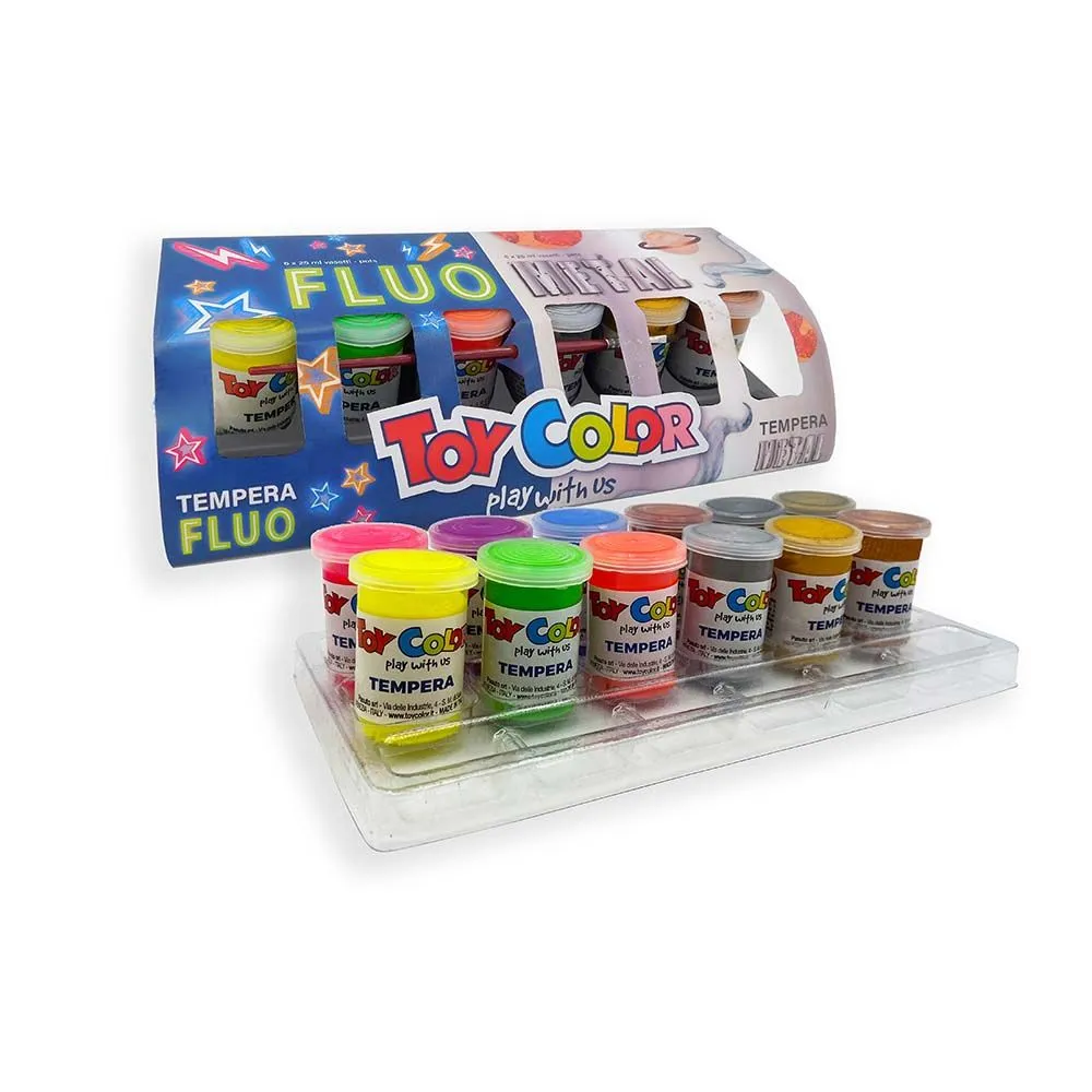 Toy Color - Ready Mix Poster Paint Pots - Fluorescent & Metallic 12 Colours
