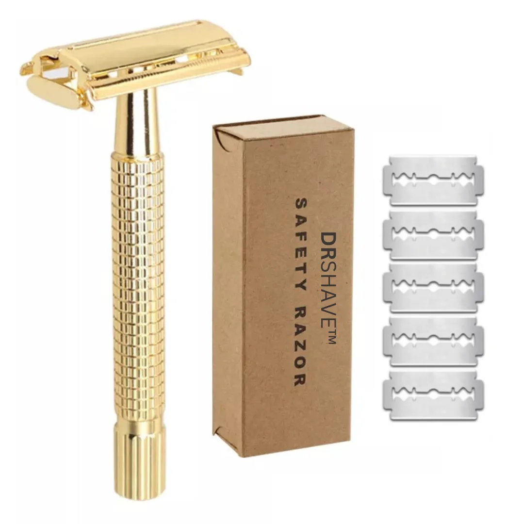 DrShave Double Edge Shaving Razor - Premium Safety Razor + 5 Blades - Gold
