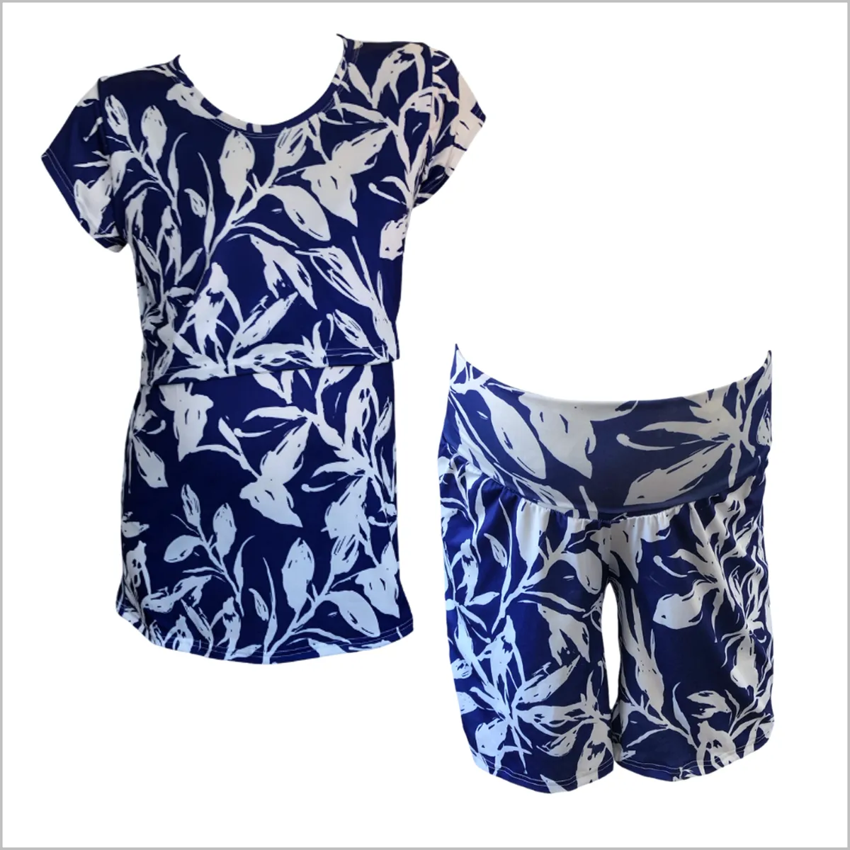 Maternity & Nursing T-Shirt with Maternity Shorts - Blue/White Leaves