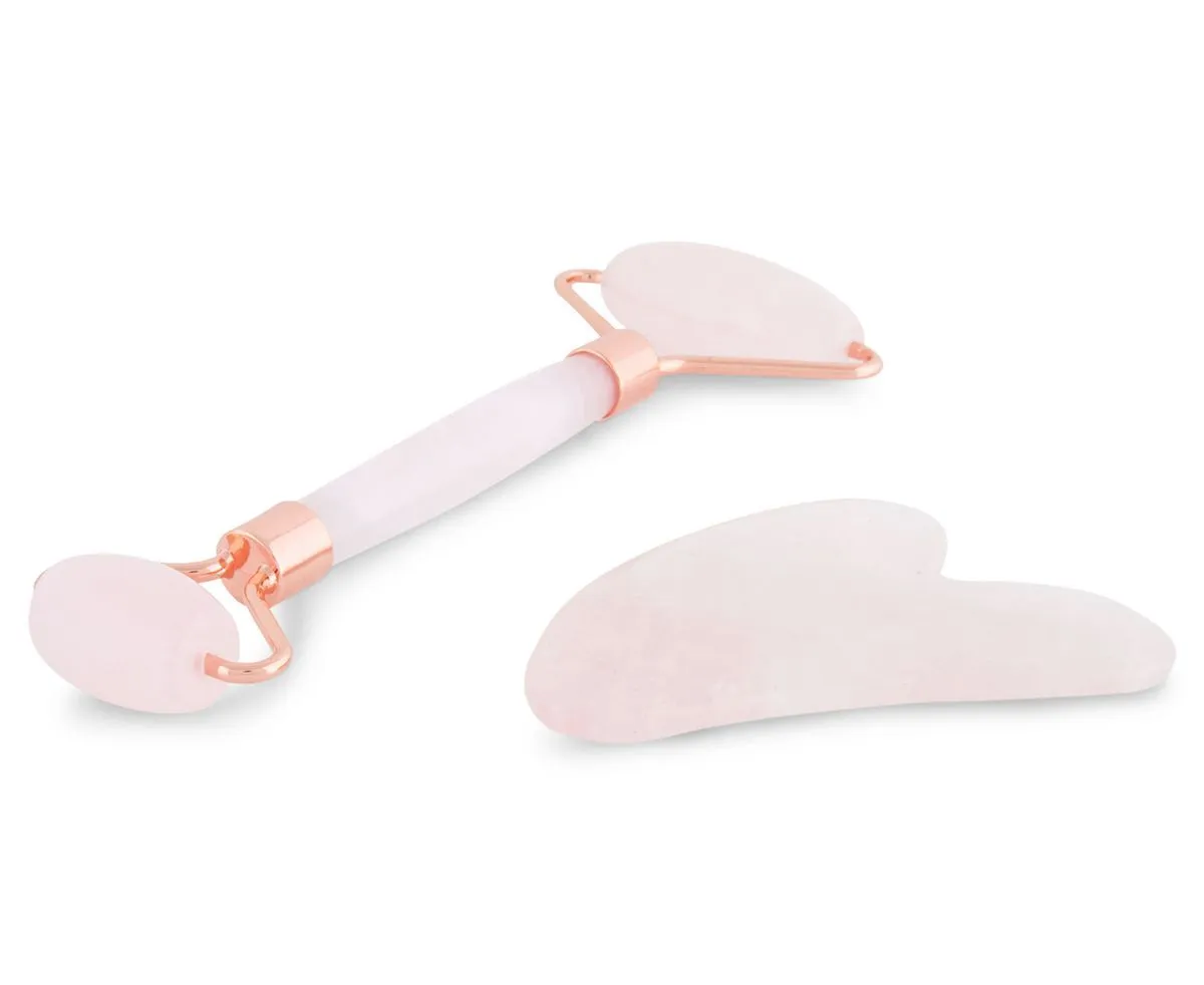 Mikay Health Rose Quartz Stone Roller & Gua Sha with Rosegold Handles